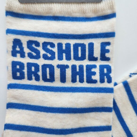 Blue Q Mens Crew Socks "A**hole Brother" Blue & Cream Striped Soft Combed Cotton - Picture 3 of 6